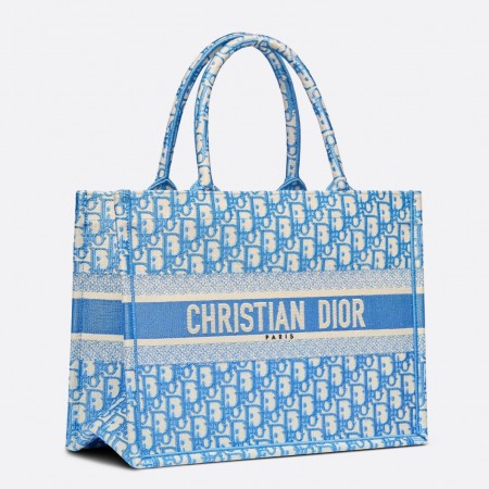 Dior Medium Book Tote Bag In Blue Oblique Embroidery 