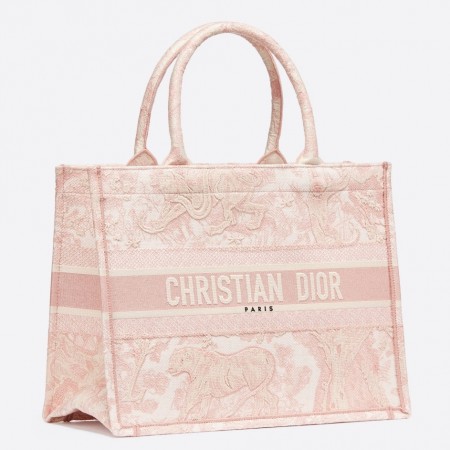 Dior Medium Book Tote Bag In Pink Toile De Jouy Embroidery