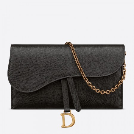 Dior Saddle Chain Wallet In Black Grained Calfskin