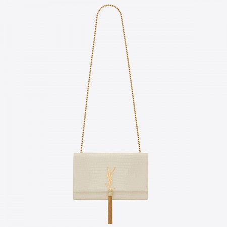Saint Laurent Kate Medium Tassel Bag In White Crocodile-embossed Leather