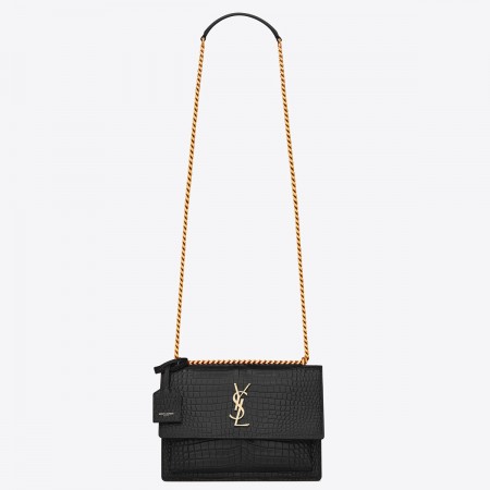Saint Laurent Sunset Medium Chain Bag In Black Crocodile-embossed Leather