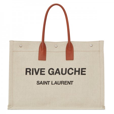 Saint Laurent Rive Gauche Tote Bag in White Linen and Brown Leather 