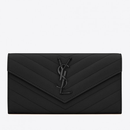 Saint Laurent Cassandre Large Flap All Black Wallet in Matelasse Leather