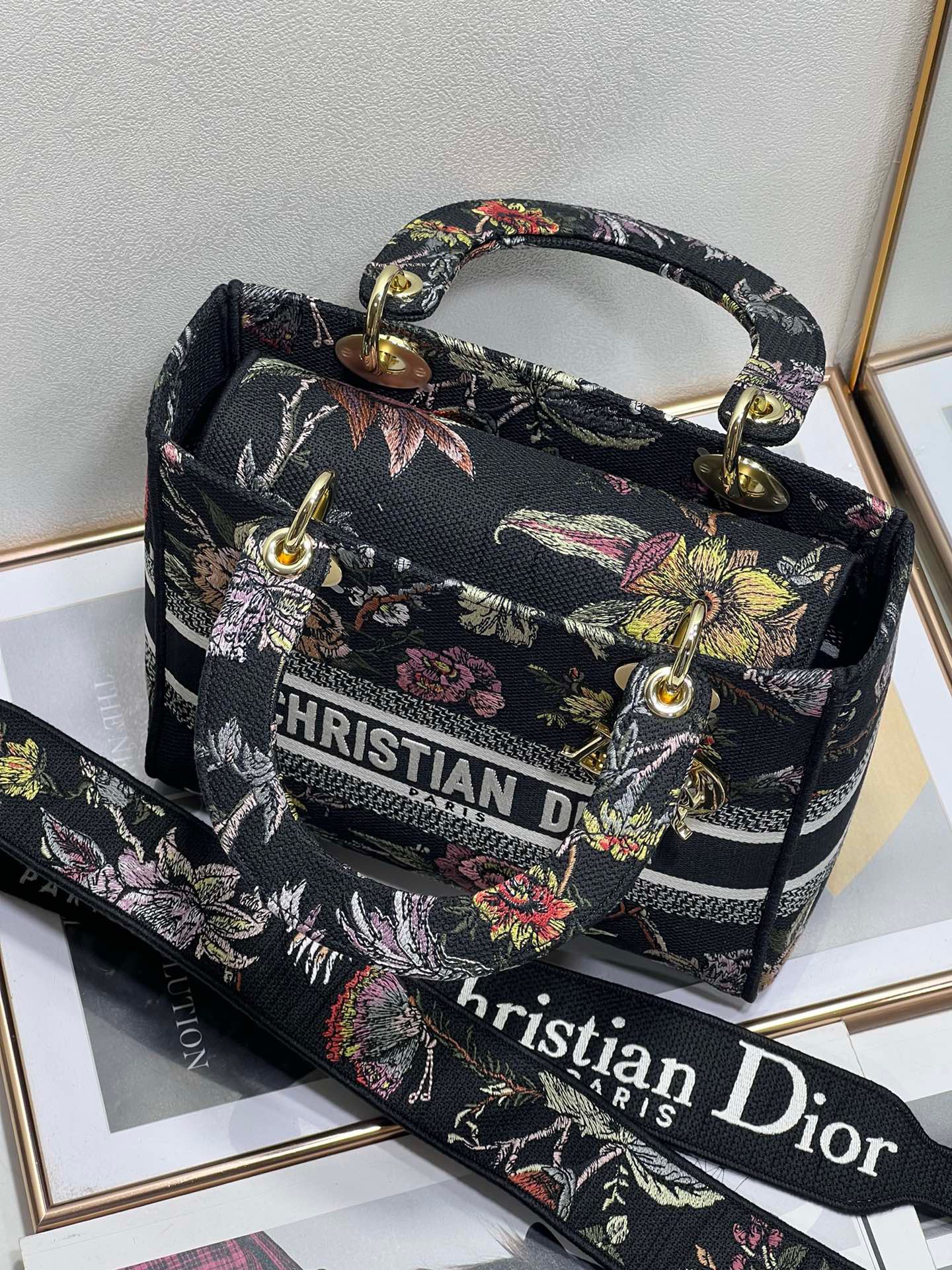 Christian Dior Medium Lady D-Lite Bag Black Dior Jardin Botanique