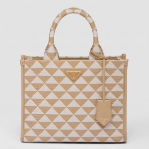 Prada Symbole Small Bag In Beige/White Jacquard Fabric