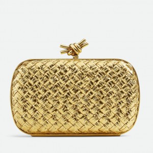 Bottega Veneta Knot Minaudiere Clutch In Gold Intreccio laminated Leather 