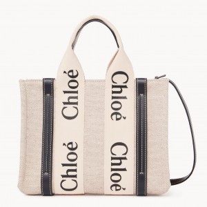 Chloe Small Woody Tote Bag in Canvas with Blue Leather Strips 