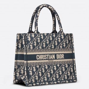 Dior Small Book Tote Bag In Blue Dior Oblique Embroidery