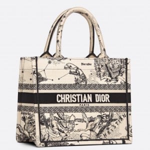 Dior Small Book Tote Bag In White Toile de Jouy Zodiac Embroidery
