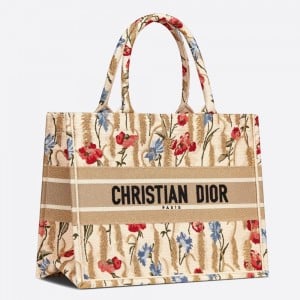 Dior Medium Book Tote Bag In Hibiscus Metallic Thread Embroidery