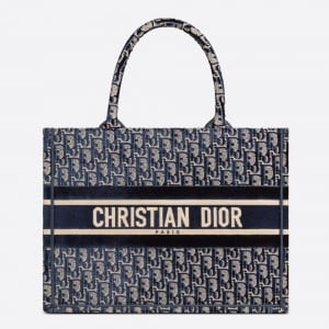 Dior Medium Book Tote Bag In Blue Velvet Oblique Embroidered 
