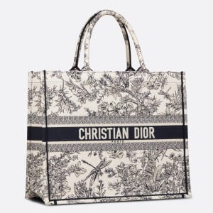 Dior Large Book Tote Bag In Blue Toile de Jouy Flowers Embroidery