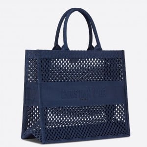 Dior Large Book Tote Bag In Blue Mesh Embroidery