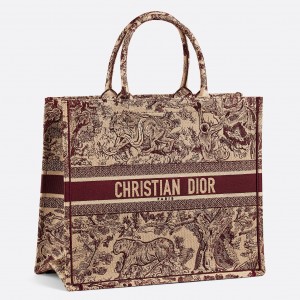 Dior Large Book Tote Bag In Bordeaux Toile de Jouy Embroidery