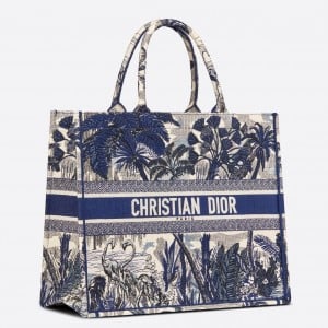 Dior Large Book Tote Bag In Blue Palm Tree Toile de Jouy Embroidery