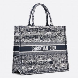 Dior Large Book Tote Bag In Blue Toile de Jouy Stripes Embroidery