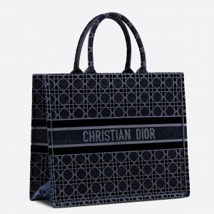 Dior Large Book Tote Bag In Blue Cannage Embroidered Velvet