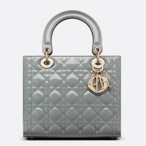 Dior Lady Dior Medium Bag In Grey Patent Cannage Calfskin