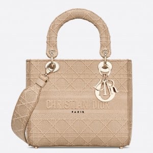 Dior Lady D-Lite Medium Bag In Beige Cannage Embroidered Canvas