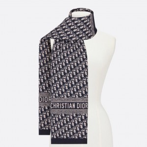 Dior Oblique Scarf In Navy Blue Technical Cashmere