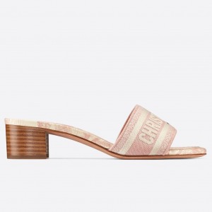Dior Dway Heeled Slides In Pink Toile de Jouy Embroidered Cotton