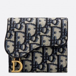 Dior Saddle Lotus Wallet In Blue Oblique Jacquard