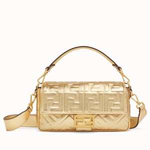 Fendi Medium Baguette Bag In Gold FF Metallic Leather
