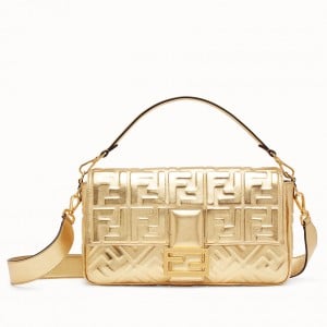 Fendi Large Baguette Bag In Gold FF Metallic Leather