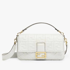Fendi Large Baguette Bag In White FF Nappa Leather