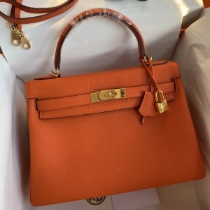 Hermes Kelly Retourne 32 Handmade Bag In Orange Clemence Leather