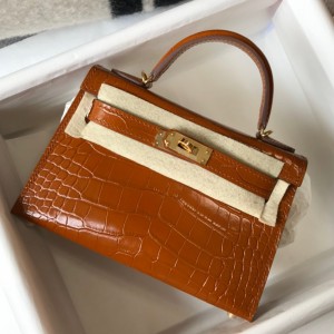 Hermes Kelly Mini II Sellier Bag In Gold Crocodile Embossed Leather