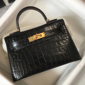 Hermes Kelly Mini II Sellier Bag In Black Crocodile Embossed Leather