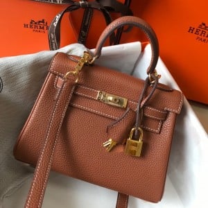 Hermes Kelly 20cm Bag In Gold Clemence Leather GHW