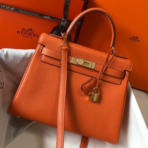 Hermes Kelly 25cm Retourne Bag in Orange Clemence Leather GHW