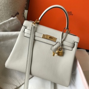 Hermes Kelly 28cm Retourne Bag in Pearl Grey Clemence Leather GHW