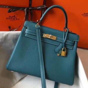 Hermes Kelly 32cm Retourne Bag in Blue Jean Clemence Leather GHW