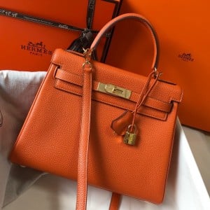Hermes Kelly 32cm Retourne Bag in Orange Clemence Leather GHW