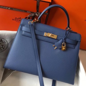 Hermes Kelly 32cm Sellier Bag in Blue Agate Epsom Calfskin GHW