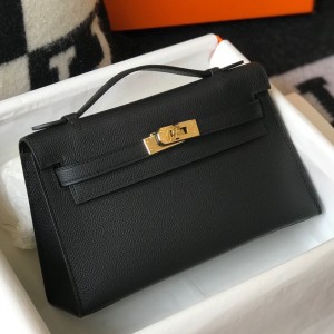 Hermes Kelly Pochette Clutch Bag In Black Epsom Leather