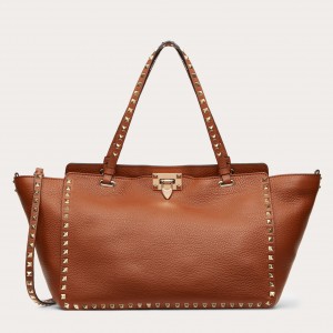 Valentino Rockstud Medium Tote In Brown Grained Leather