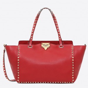 Valentino Rockstud Medium Tote In Red Grained Leather