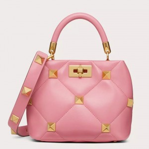 Valentino Roman Stud Small Handle Bag In Pink Nappa Leather