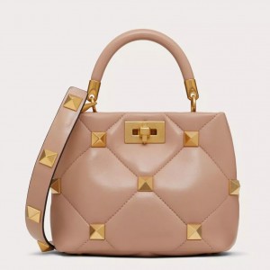 Valentino Roman Stud Small Handle Bag In Rose Cannelle Nappa Leather