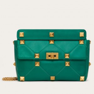 Valentino Roman Stud Large Chain Bag In Green Nappa Leather