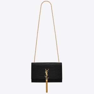 Saint Laurent Kate Medium Tassel Bag In Black Crocodile-embossed Leather
