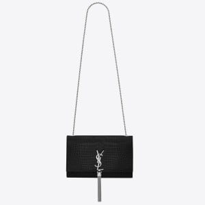 Saint Laurent Kate Medium Tassel Bag In Noir Crocodile-embossed Leather