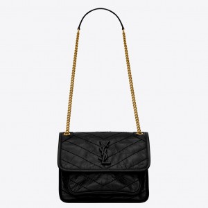 Saint Laurent Niki Baby Chain Bag In Black Crinkled Leather