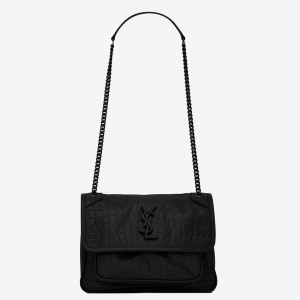 Saint Laurent Niki Baby Chain So Black Bag In Crocodile-embossed Leather 