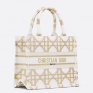 Dior Small Book Tote Bag in White and Gold Macrocannage Embroidery 