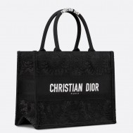 Dior Medium Book Tote Bag in Black Toile de Jouy Soleil Macramé Embroidery